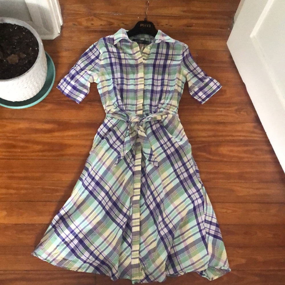 Vintage Ralph Lauren size Zero Mid dress with purple plaid and tie front.